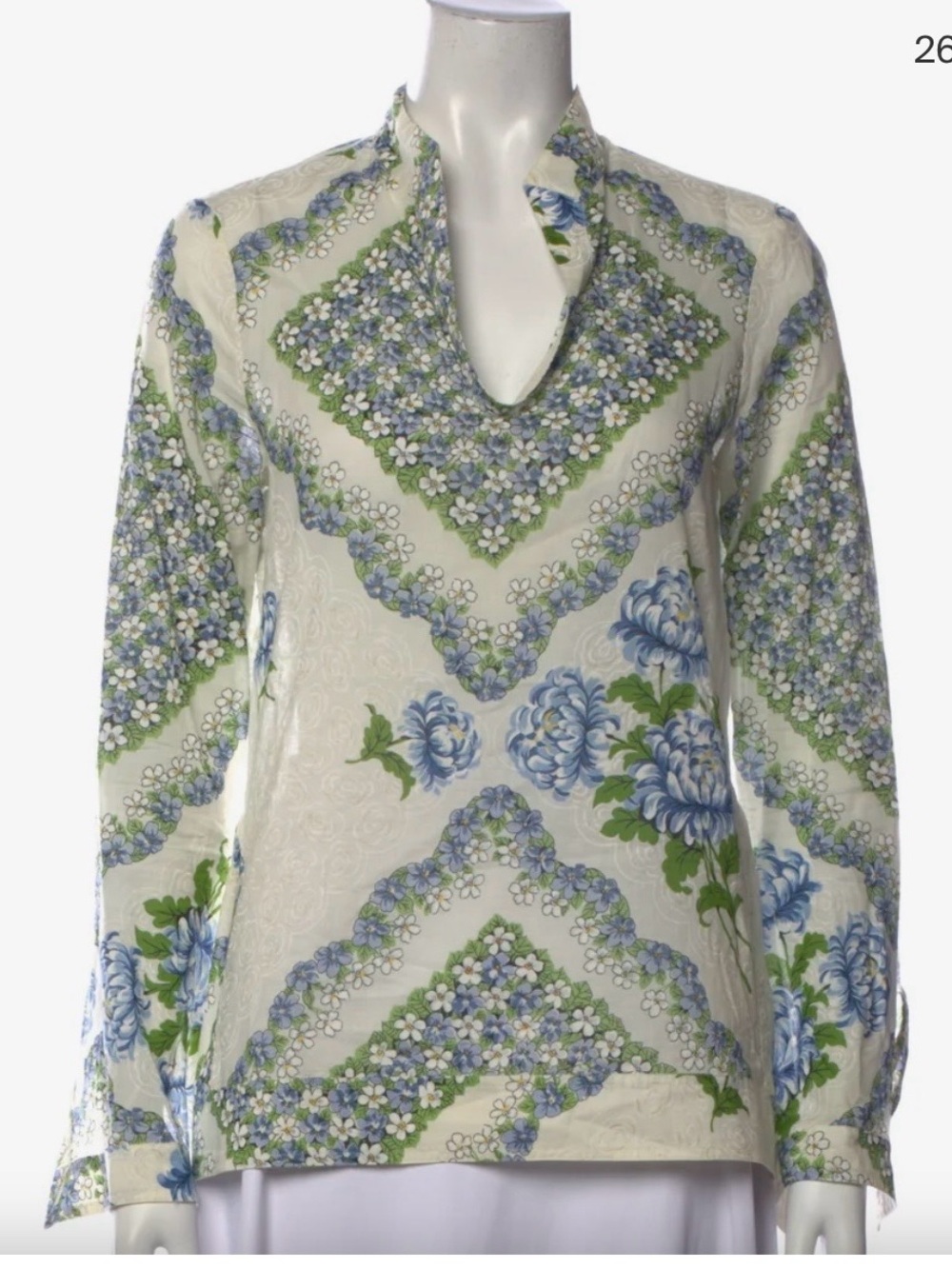 Tory Burch Floral V-Neck Long Sleeve Top - Blue/Green
